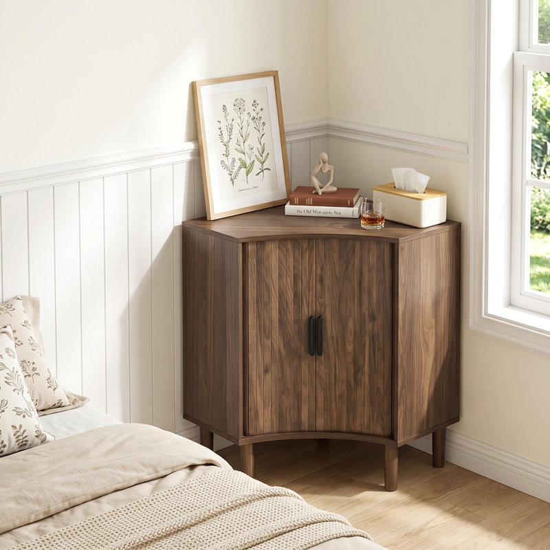 Armoire de coin cannelée, petite armoire de coin avec portes coulissantes et tablettes réglables, armoire de rangement moderne autoportante étroite en bois pour petits espaces, salon, salle à manger, salle de bain, noyer