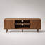 Meuble télé Mid-Century moderne, console de télévision spacieuse avec tablettes ouvertes et compartiments de rangement fermés, meuble télé fonctionnel