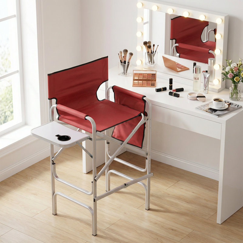 31" Seat Height Tall Folding Camping Chair Directors Chair Foldable Bar Stool with Cup Holder, 250 lbs Capacity, Red
