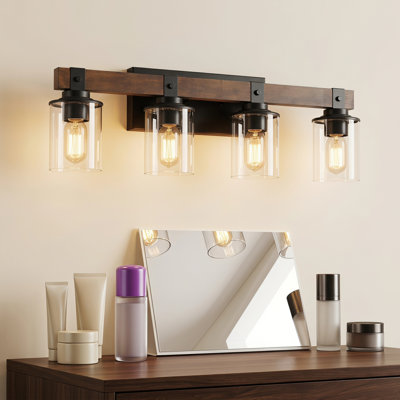 Miroir de salle de bain mural 27 po 4 lumières rustique en bois clair avec abat-jour en verre