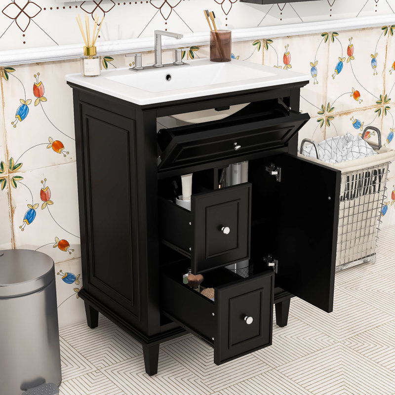 Meuble-lavabo simple autoportant en bois moderne avec lavabo en céramique lisse et rangement réglable, Noir