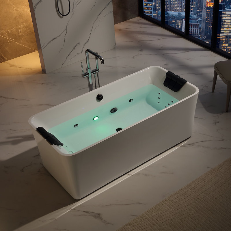 67 In. X 31.5 In. Center Drain Freestanding Whirlpool Bathtub Hydrotherapy Lighted Bath - 18 Black Jets In White