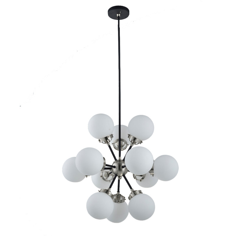 Dmitrie 12-Light Black & Silver Sphere Chandelier – Modern White Glass Pendant Lighting