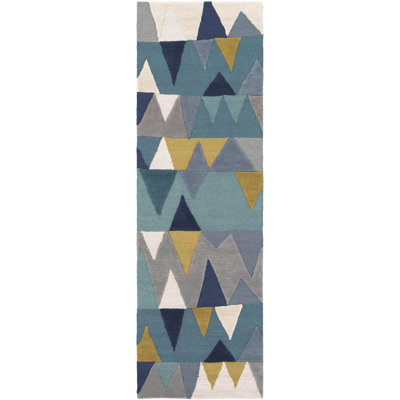Tapis bleu sarcelle / bleu marine / jaune / gris en laine touffeté à la main Sandin