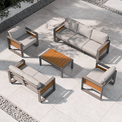 5 Piece Patio Furniture Set, Modern Aluminum Outdoor Conversation Set with Cushions, Metal Frame Sofa Set with Coffee Table for Backyard Garden Deck Poolside