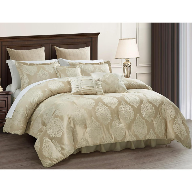 Trinity 7-Piece Luxury Silky Medallion Jacquard Comforter Set, Gold, King Comforter + 2 King Shams