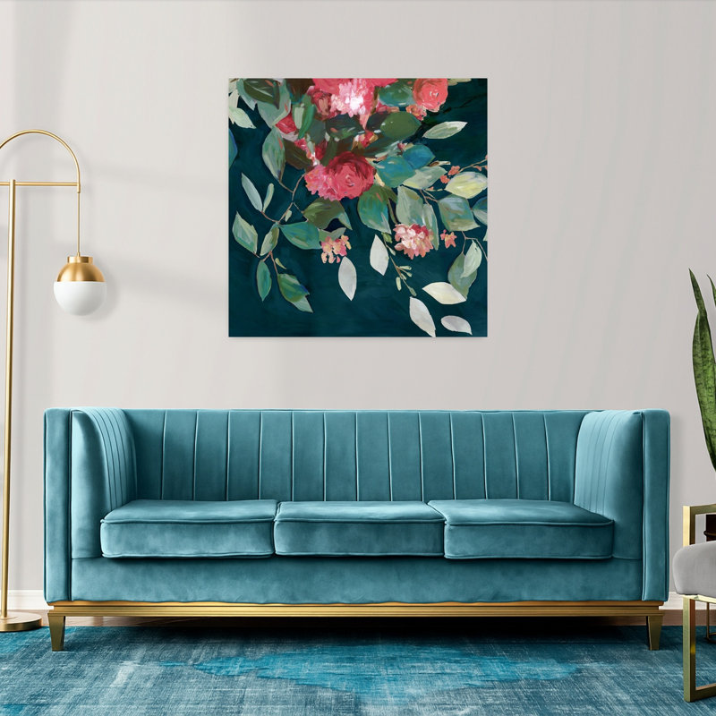 «Blossoms On Deep Green Canvas II», art mural contemporain abstrait, 36" H x 36" W