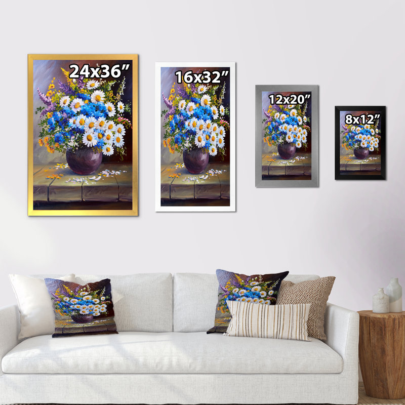Pot de fleurs marguerites bleues et blanches - Peinture, H 20 po x l 12 po, Cadre photo noir