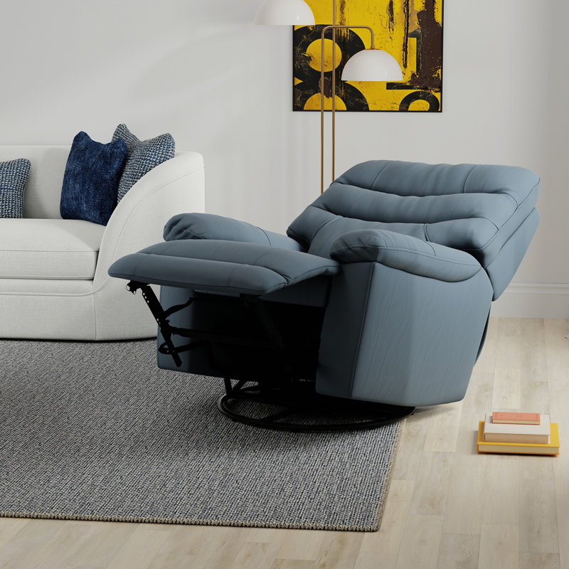 Global Home Swivel Glider Recliner With Manual Footrest In Oslo Sapphire, Sapphire Blue