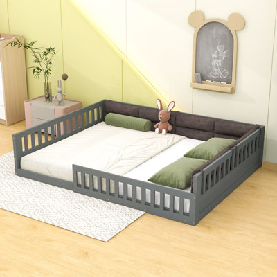 Upholstered Wood Full Platform Bed With Guardrails And Pillow