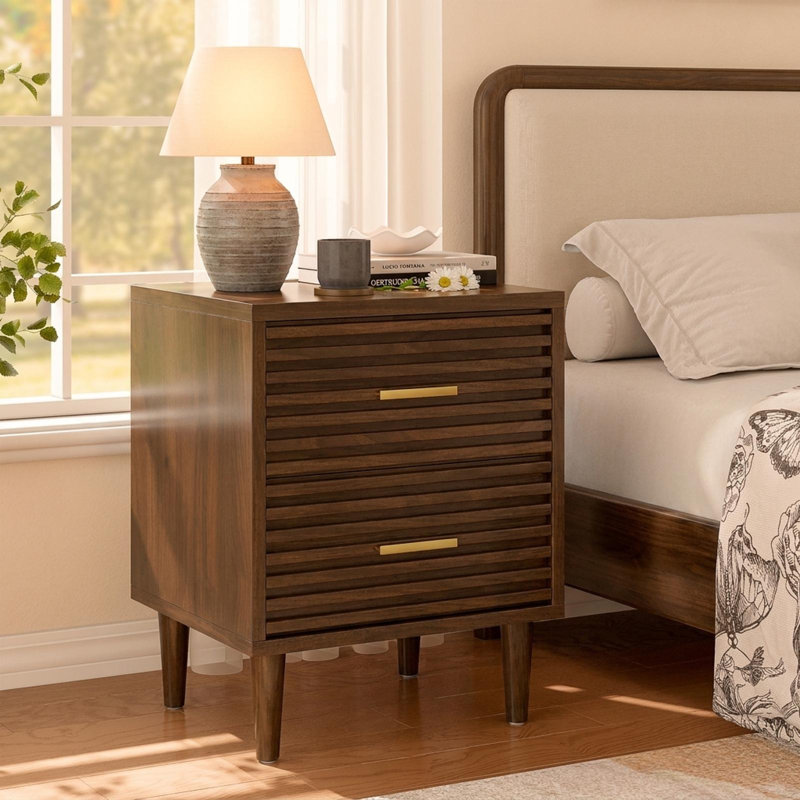 19" W Bedside Table with Storage Drawers, Brown