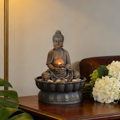 Tabletop Fountain Home Decor Smiling Sitting Buddha, Zen Water Fountains with Lighting & Cobblestones Ideal Decor for Home & Office