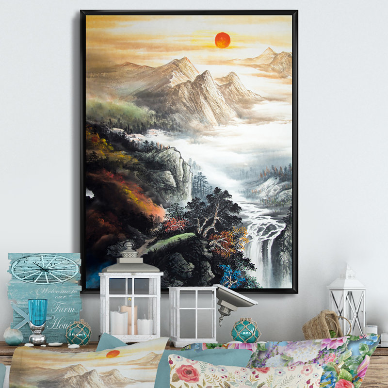 Paysage chinois traditionnel - Décoration murale traditionnelle sur toile, H 36 po x l 24 po x P 1 po