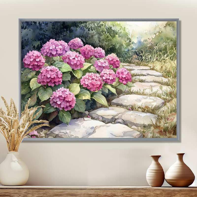 «Ikeni Hydrangeas By The Stone Path III - Hydrangea», art mural sur toile, Argent argent, H 12 po x l 20 po