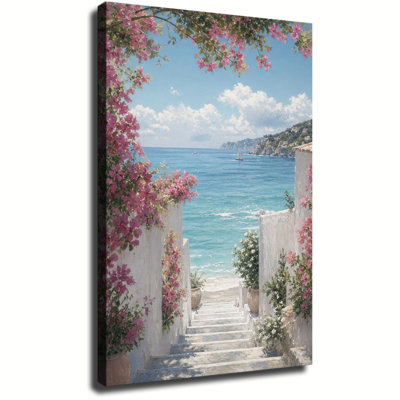 Bougainvillée, marches de pierre blanche encadrée menant à la mer Méditerranée turquoise, peinture à l'huile sur toile douce pour décoration côtière