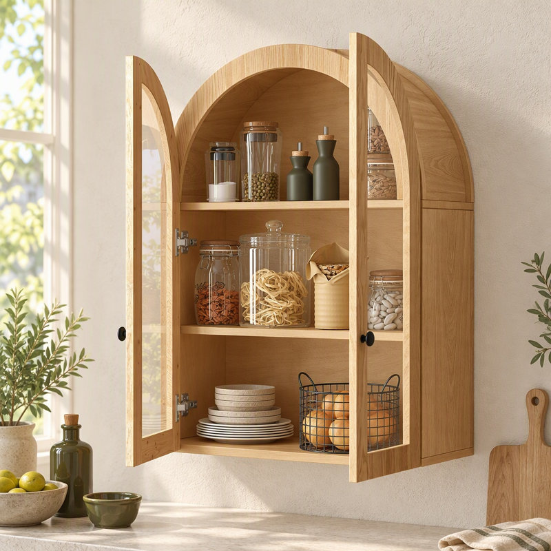 Armoire murale à porte vitrée cintrée de 80 cm de hauteur avec tablette ajustable, Naturel