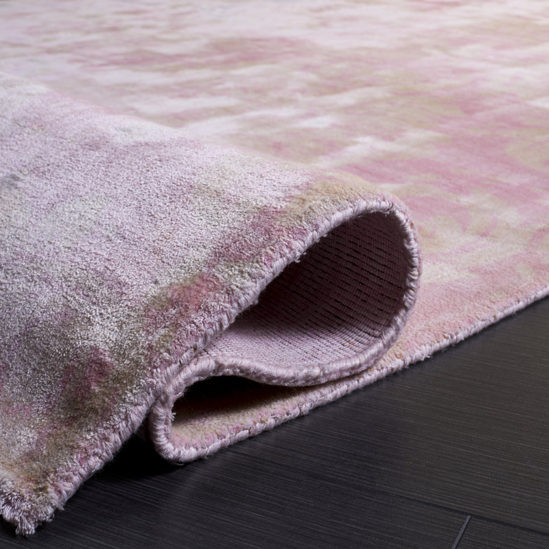 Tapis tibétain ivoire / rose en viscose / coton tissé à la main à motif damassé Andraz, Rectangle 9 pi x 12 pi