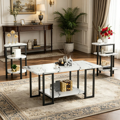 Ensemble de 3 tables basses modernes en faux marbre avec 3 tables de bout à 3 niveaux, ensemble de table de salon avec table centrale rectangulaire et tables d'appoint à plusieurs niveaux, ensemble de meubles Glam avec structure en métal