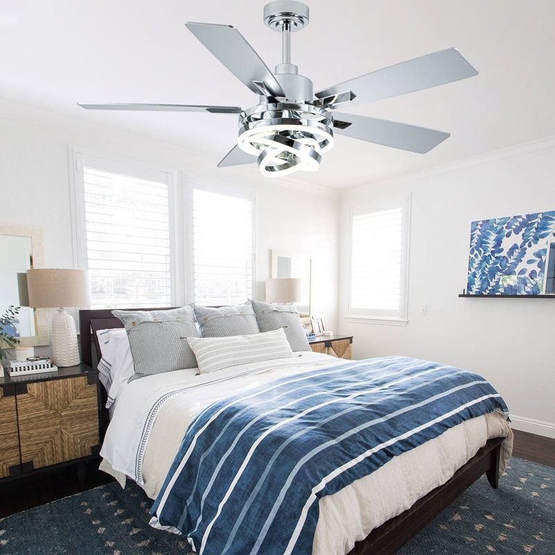   52" Modern 5-Blade Silver Ceiling Fan with Light Kit and Remote, 6 Speed Quiet DC Dimmable Light with DIY LED Shade for Living Room