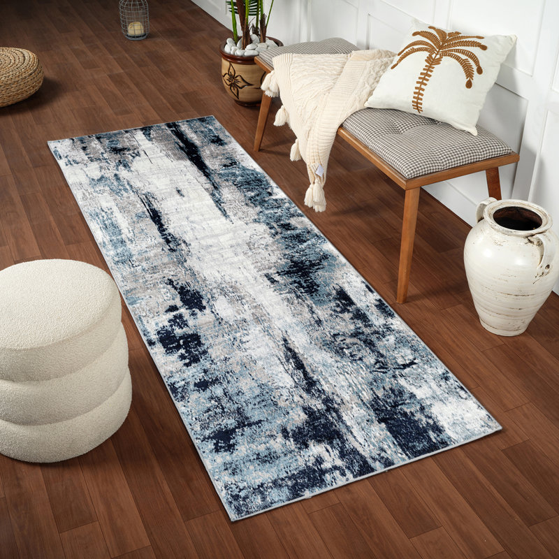 Abstract Area Rug, Runner 80 x 220 cm, Black/Grey
