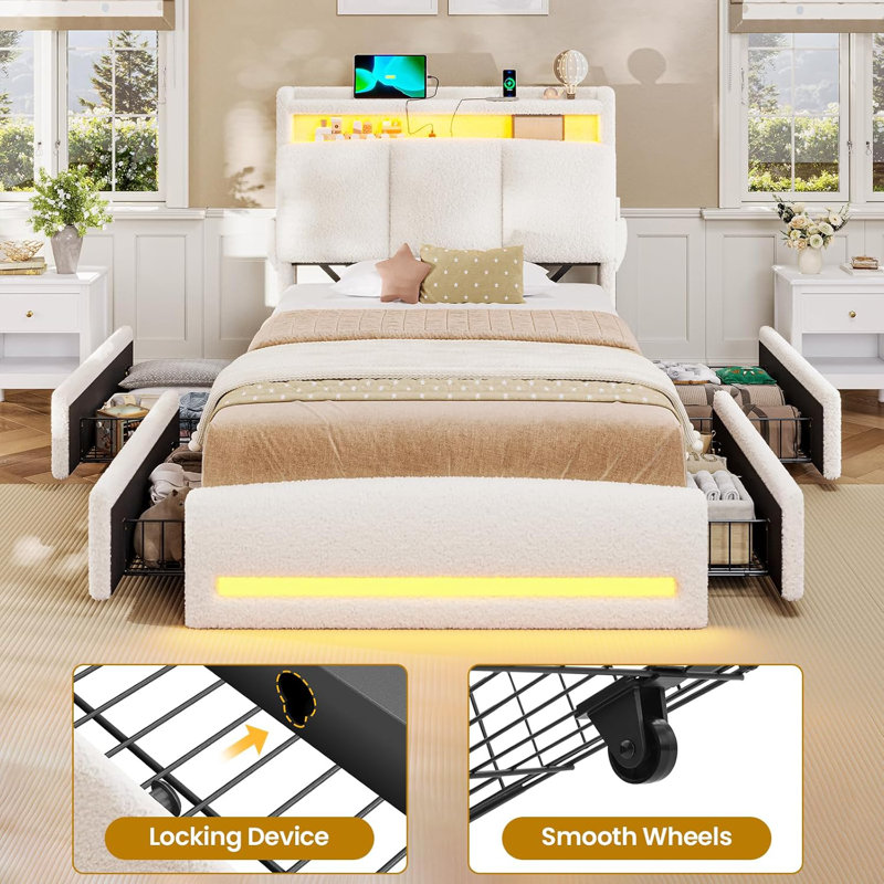 Lit plateforme tapissier avec rangement, Lit simple, Blanc, crème