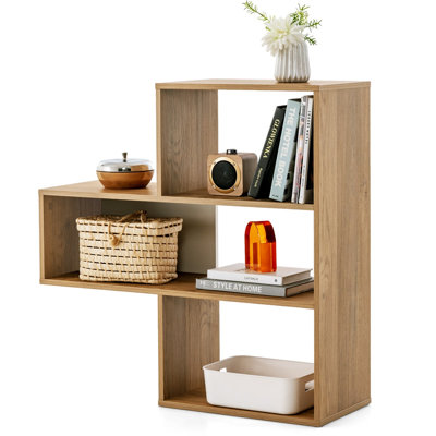 Bibliothèque ouverte moderne à 3 étagères convexes, en bois d'ingénierie, avec système anti-basculement, patins de protection pour le sol et grande capacité de charge. Parfait pour le salon, la chambre à coucher et le bureau. Couleur naturelle.