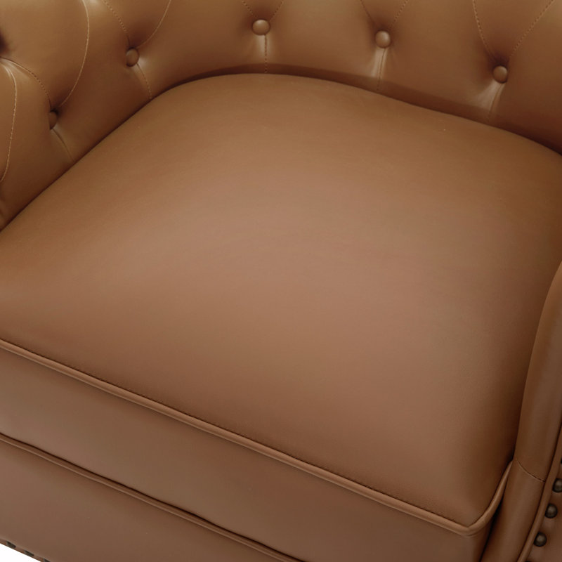 Fauteuil pivotant à 360° en similicuir, avec dossier incurvé, style club, capitonné et base en bois courbé, idéal pour le salon et la chambre.