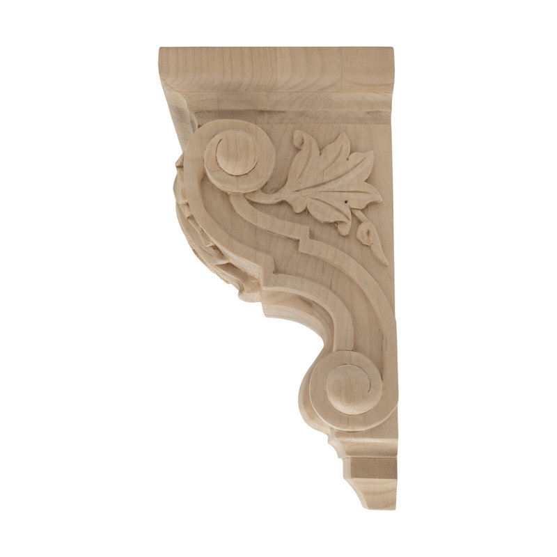 10 in x 4-3/4 in x 5-3/8 in Unfinished Small Hand Carved Solid Acanthus Leaf Wood Corbel, Alder