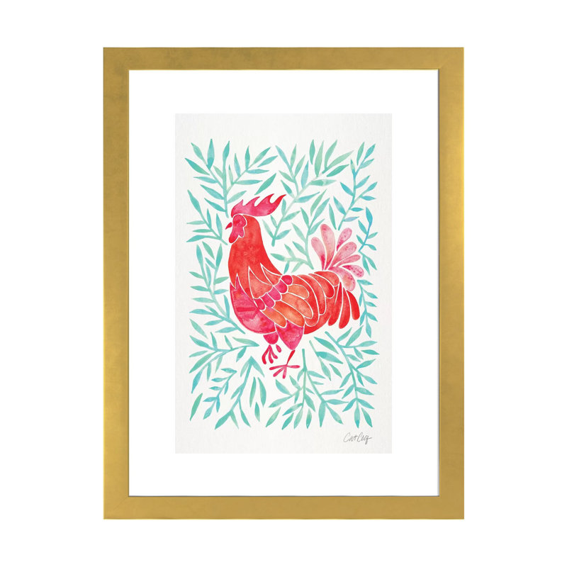 Coq par Coquillette - reproduction d'art, Papier encadré doré, Blanc, H 24 po x l 16 po x P 1 po
