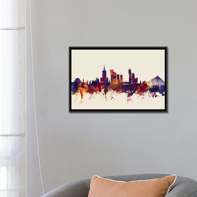 Série horizon : varsovie, pologne, impression sur toile tendue beige, H 18 po x l 26 po x P 1,5 po, Toile avec cadre noir