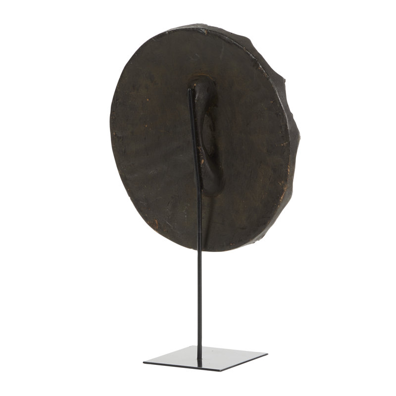 Large Round Hand-Carved Silver Baobab Wood Shield on Aluminum Display Stand Sculpture
