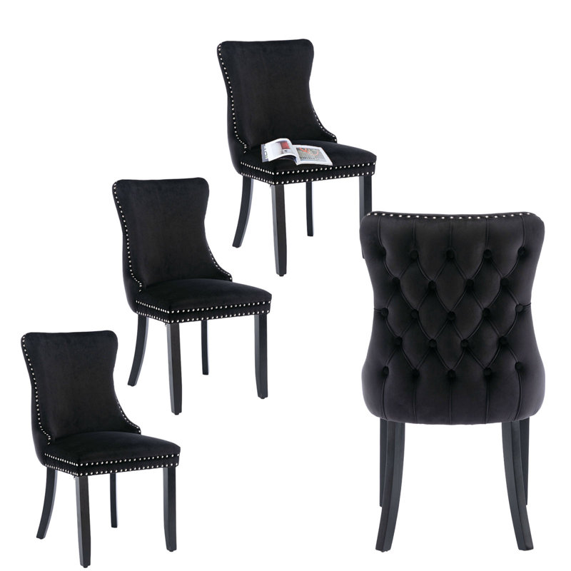 Black Velvet Upholstered Dining Chairs with Nailhead Trim, Set of 6