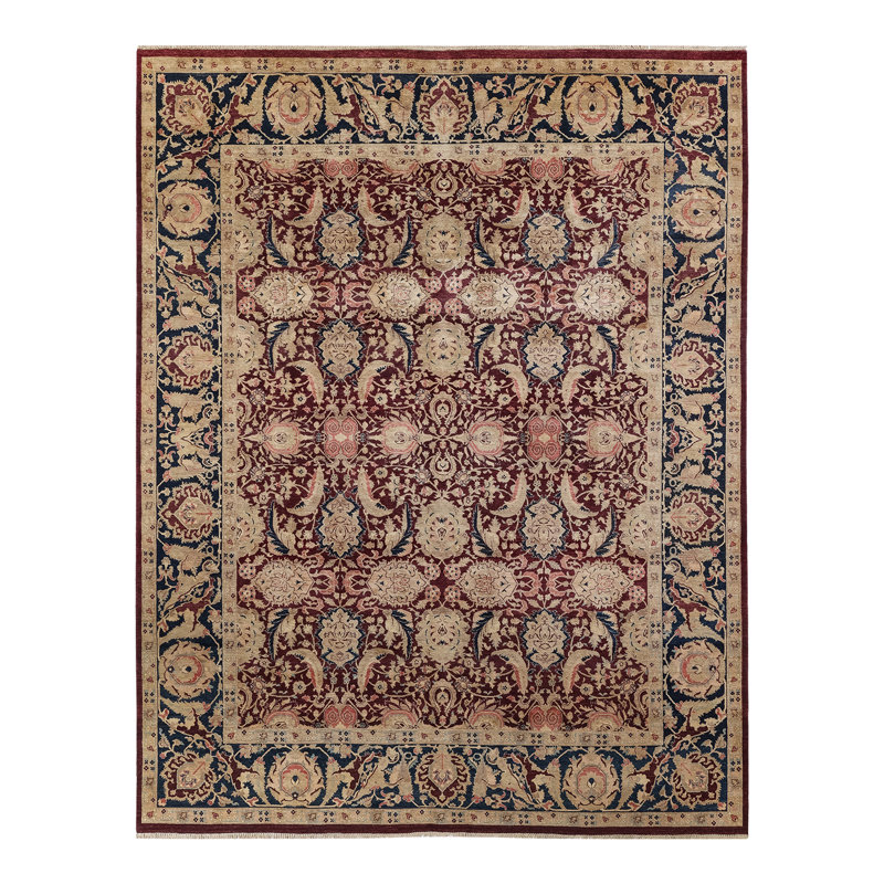 Tapis unique en laine noué à la main 8 pi 1 po x 10 pi 4 po nouvel âge Ohlone - rouge / beige / bleu