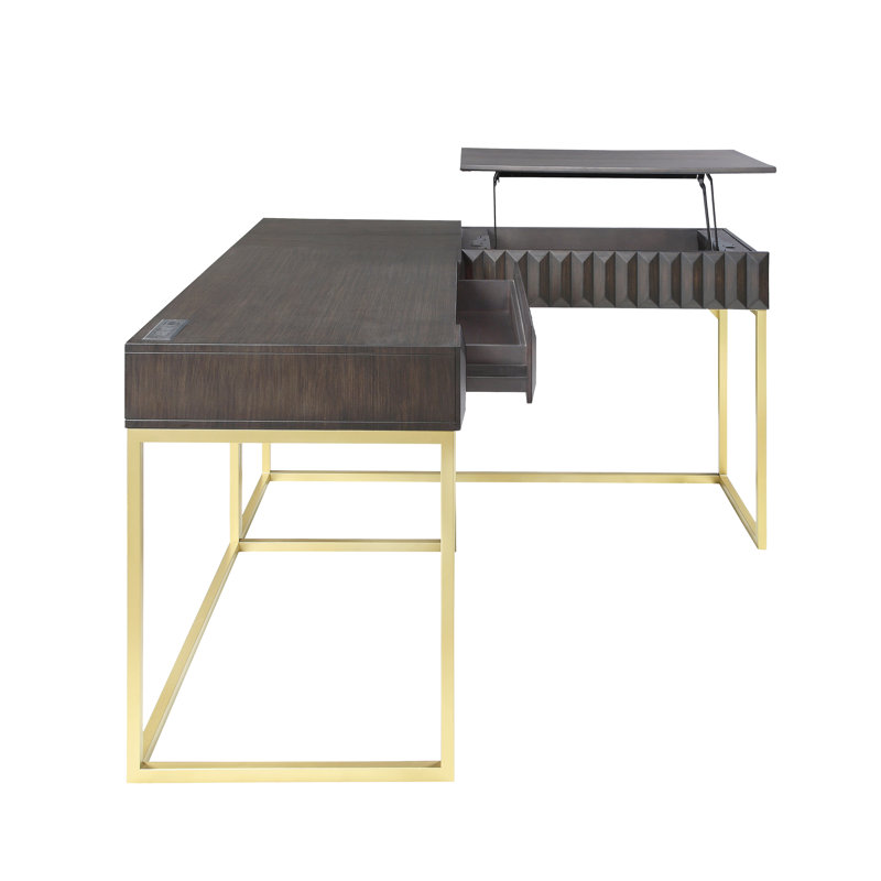 Ensemble de bureau d'écriture en L avec prise de courant L 56,75 "Livengood, Noyer / doré