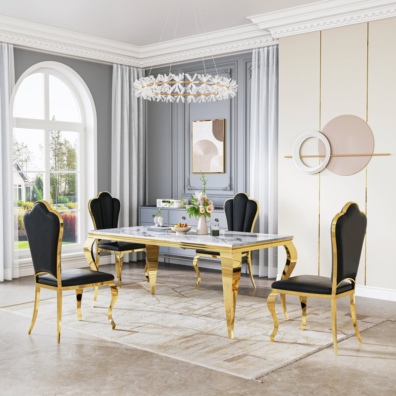 Modern 70" Marble Dining Table Set, Elegant White Faux Marble Top And Stainless Steel Legs, High-Back Petal Design Pu Leather Chairs