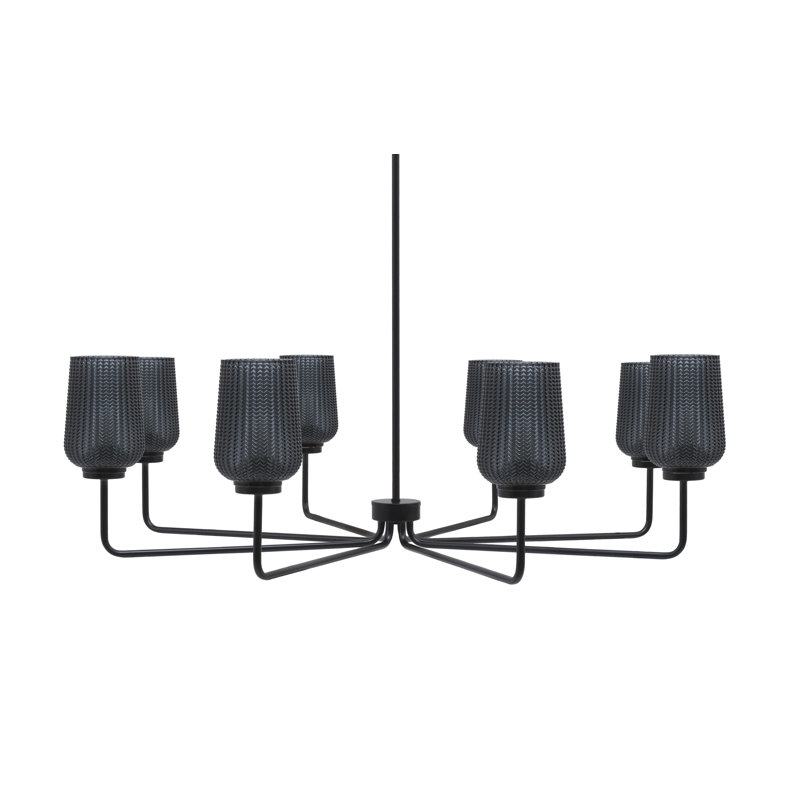 Lustre 8 lumières Amarmula, finition noir mat, verre texturé fumée 5 po, Noir, Transparent/noir