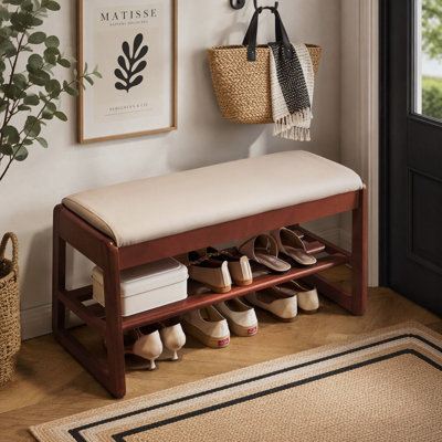 Banc de rangement à chaussures relevable avec siège en cuir végétalien et tablettes étagées