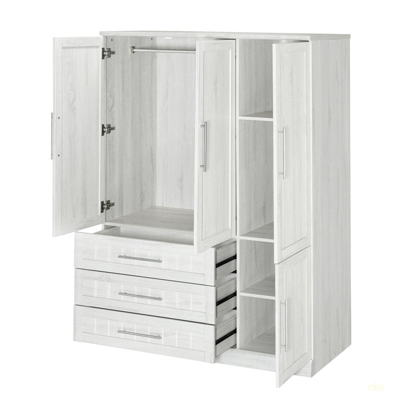 Armoire penderie 4 portes avec 3 tiroirs, Blanc