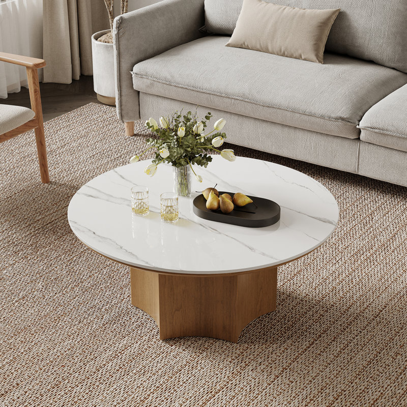 Table basse moderne Mid-Fentury, 35,43 po avec plateau en pierre frittée blanche, pieds en bois massif, Brun
