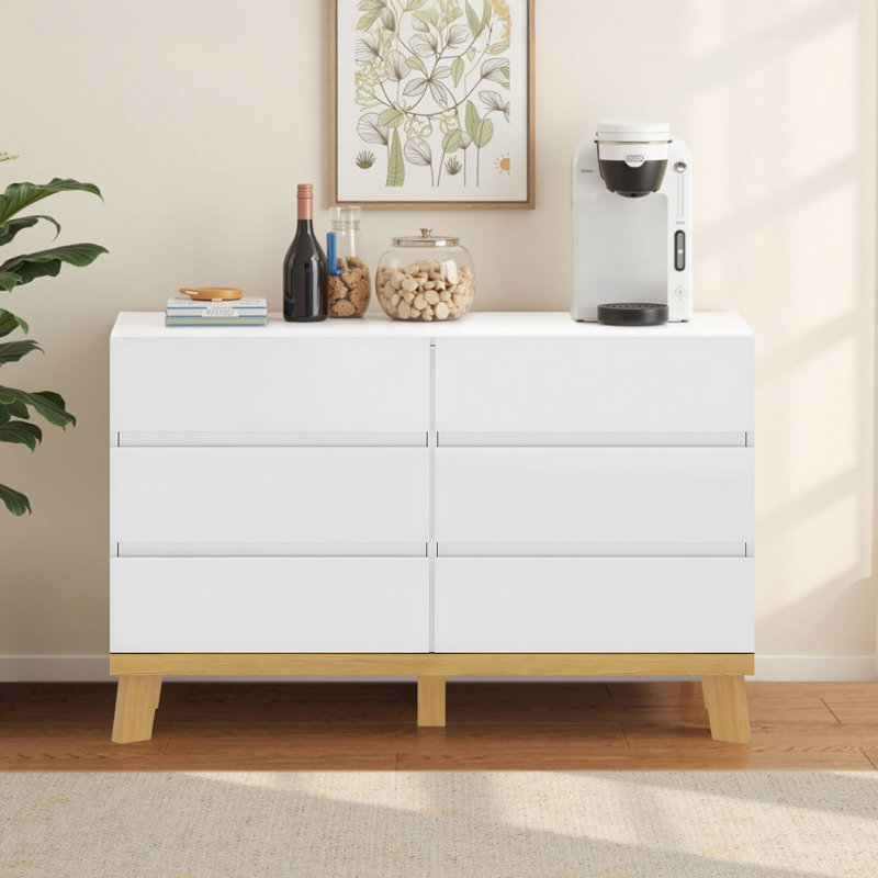 Commode 6 tiroirs, commode blanche pour chambre à coucher, commode en bois, commode double large, commode moderne pour salon, entrée, couloir, blanc
