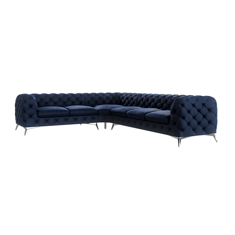 Chesterfield Corner Sofa L-Shape Bixby with Silver Metal Legs, Navy Blue, Right Hand Facing