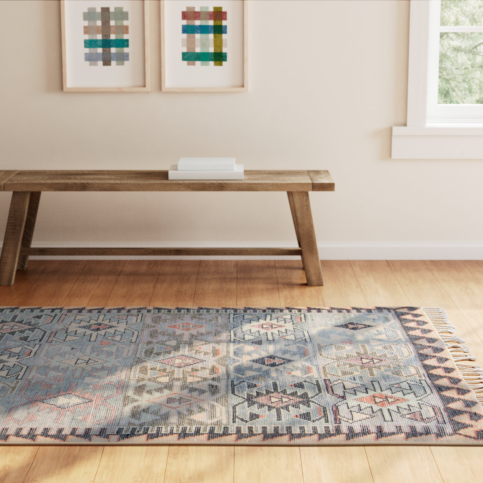 Blue Brown Beige Hand-Knotted Wool Rug, Rectangle 5' X 8'