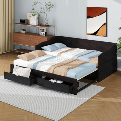 Lit de jour extensible simple avec lit gigogne et deux tiroirs de rangement, lit de jour extensible en bois, canapé-lit peu encombrant pour chambre à coucher
