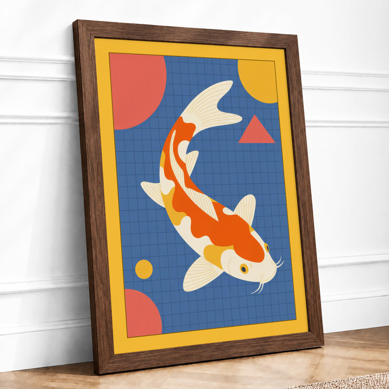 Leaping Koi Geometric - Framed Print, A4 - 29.7 x 21.0 cm, Walnut