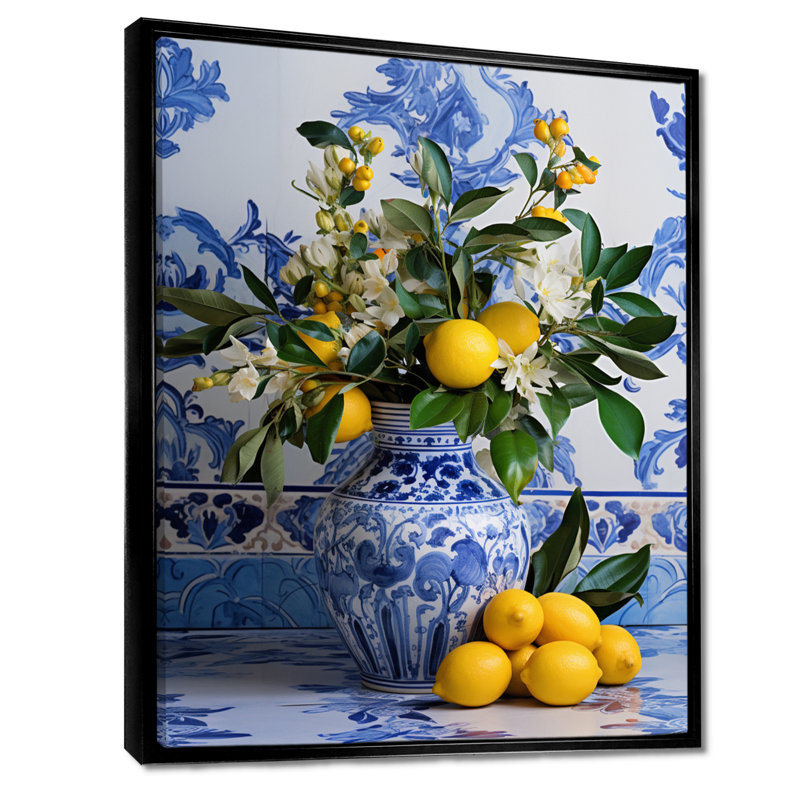 Carreaux grecs, nature morte, cuisine I - Boho Pottery, art mural, Cadre flottant noir, H 32 po x l 24 po x P 1 po