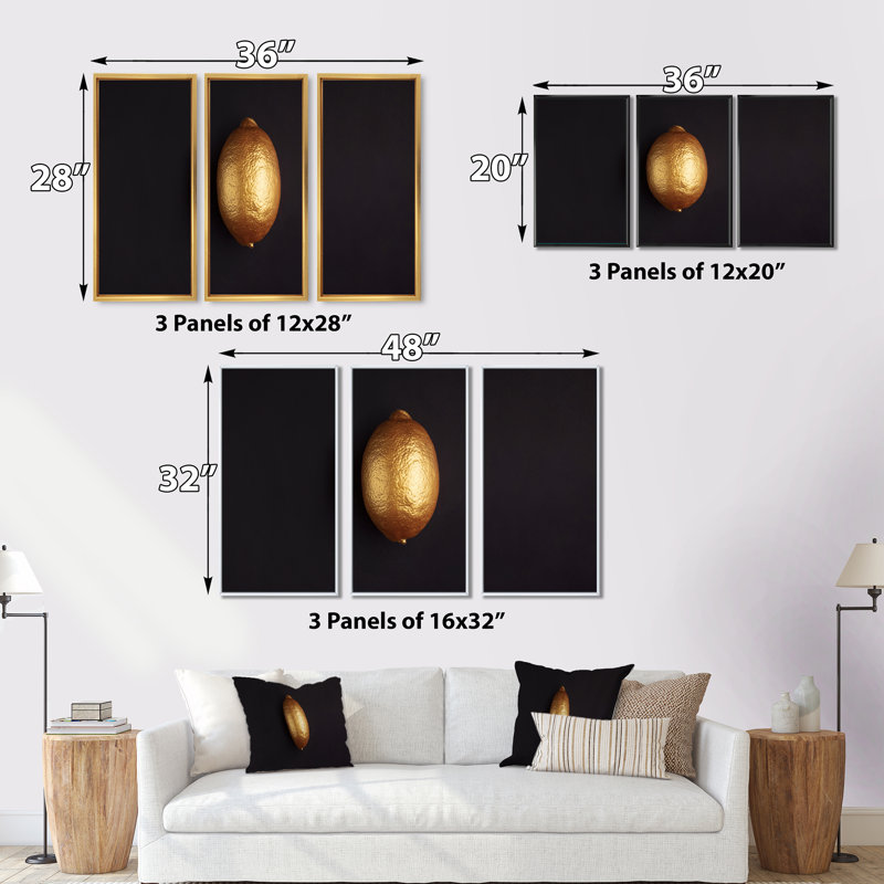 Fleurs tropicales dorées sur fond noir I - reproduction flottante sur toile 3 pièces, H 28 po x l 36 po x P 1 po, Cadre noir