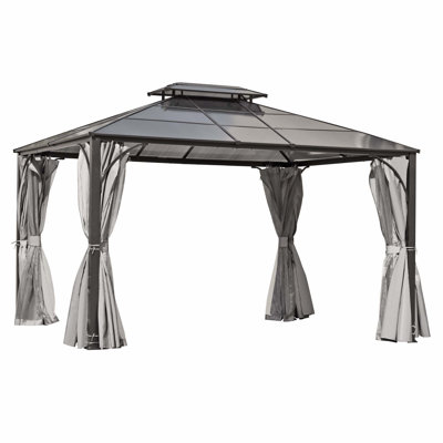 Pavillon de jardin à toit rigide 10 pi x 12 pi à double toit avec murs latéraux à double couche, moustiquaire et rideaux d'intimité