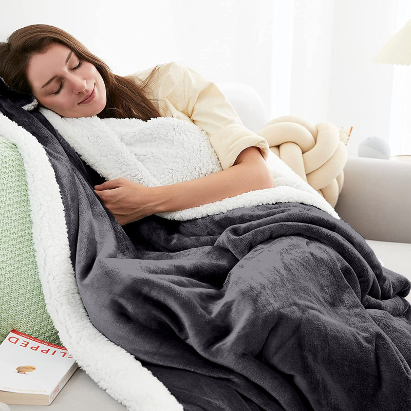 Sherpa Fleece Fur Thick Reversible Blanket Throw, 200cm x 150cm, Grey