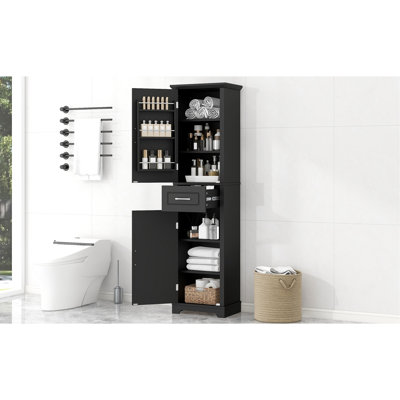 Tall Bathroom Storage Cabinet, Freestanding Storage Cabinet With Two Doors And Adjustable Shelves, Door Shelve Design, MDF Board With Painted Finish, Black