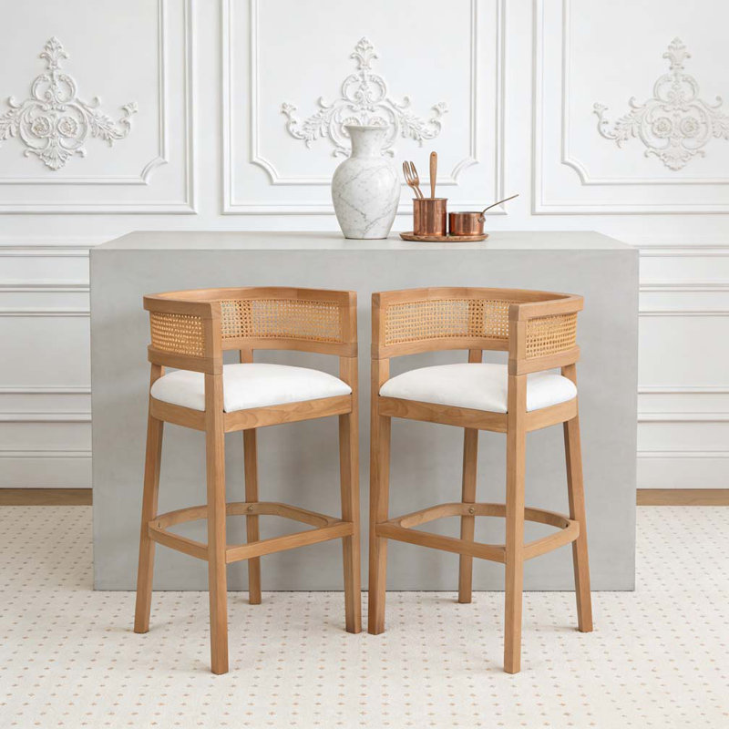 Wood And Rattan Upholstered Arm Bar Stools, Beige,Natural,Oak
